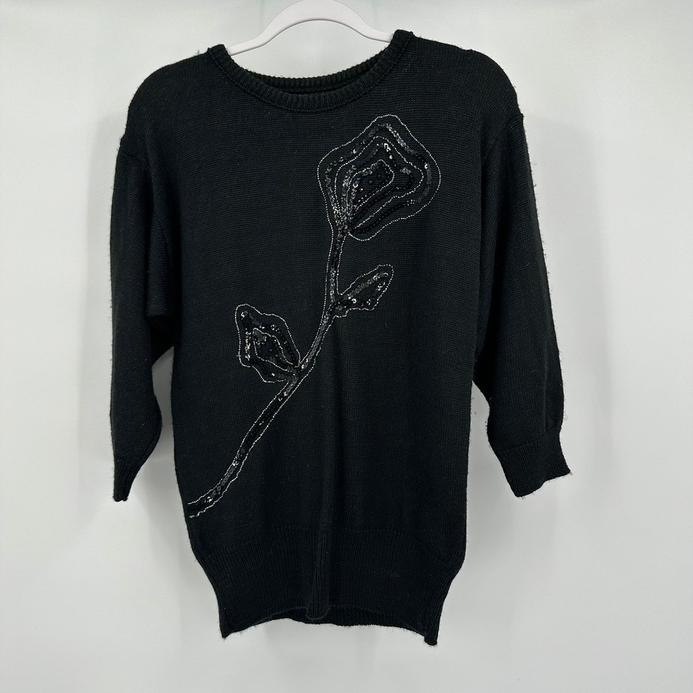 Womens Vintage Grandma Sweater Size S Sequin Rose Dark Romance Floral 90s